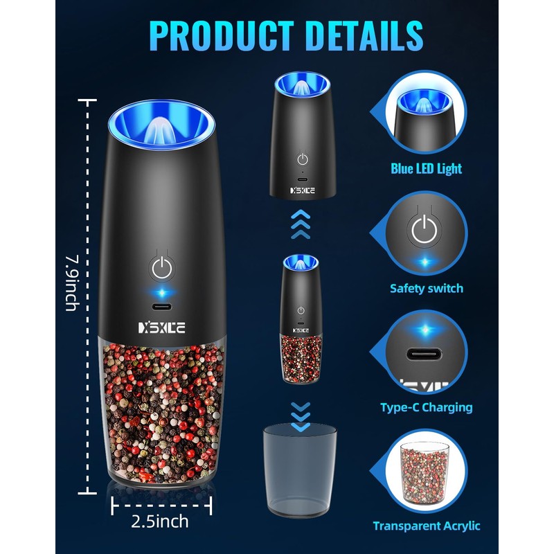XinXu Rechargeable Pepper and Salt Grinder Set, whit Gravity Sensing