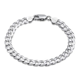 Amberta 925 Sterling Silver Bracelet - 8 mm Thick - Flat Cuban Curb Chain for Men - Length 8 Inch