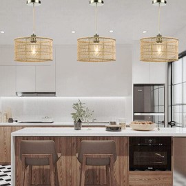 HOONEX Rattan Chandelier, Rattan Light Fixtures Ceiling, 12.4" Wicker Pendant Light for Dining Room Bedroom Kitchen Island, Natural