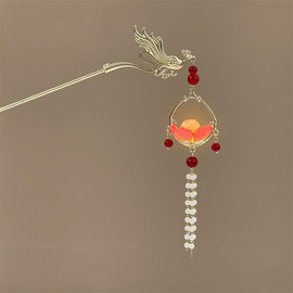 Lotus Tassel Pendant Hair Stick Hairpin, Chinese Hanfu Style Lantern Hair Chopstick Hair Accessories (Red)