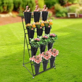 Flower Display Stand with 12 Pieces Buckets, 4-Tier Metal Moving Florist Bouquet Shelf for Flower Shop, Iron Plant Stand with 4 Universal Wheel, for Outdoor Patio Garden (Black)