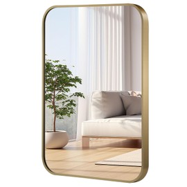 JENBELY 24x36 Inch Gold Mirror, Framed Rectangle Mirror with Rounded Corner, Brushed Brass Mirror, Gold Bathroom Mirror for Over Sink, Vanity, Living Room, Bedroom, Horizontal/Vertical