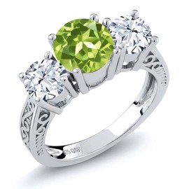Gem Stone King 925 Sterling Silver Green Peridot and White Topaz 3 Stone Women Ring (2.35 Cttw, Gemstone Birthstone, Available in size 5, 6, 7, 8, 9)