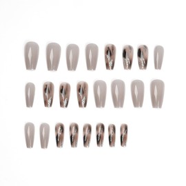 Amber Gold Foil Smudge Nails 24 Pcs French Full Cover Press on Nails Reusable for Women and Girls Daily Decoration