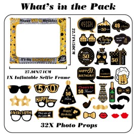 50th Birthday Photo Booth Props - Happy 50th Birthday Party Decorations Black Gold Inflatable Selfie Frame, 50 and Fabulous Funny Party Photobooth Accessories for Women Men