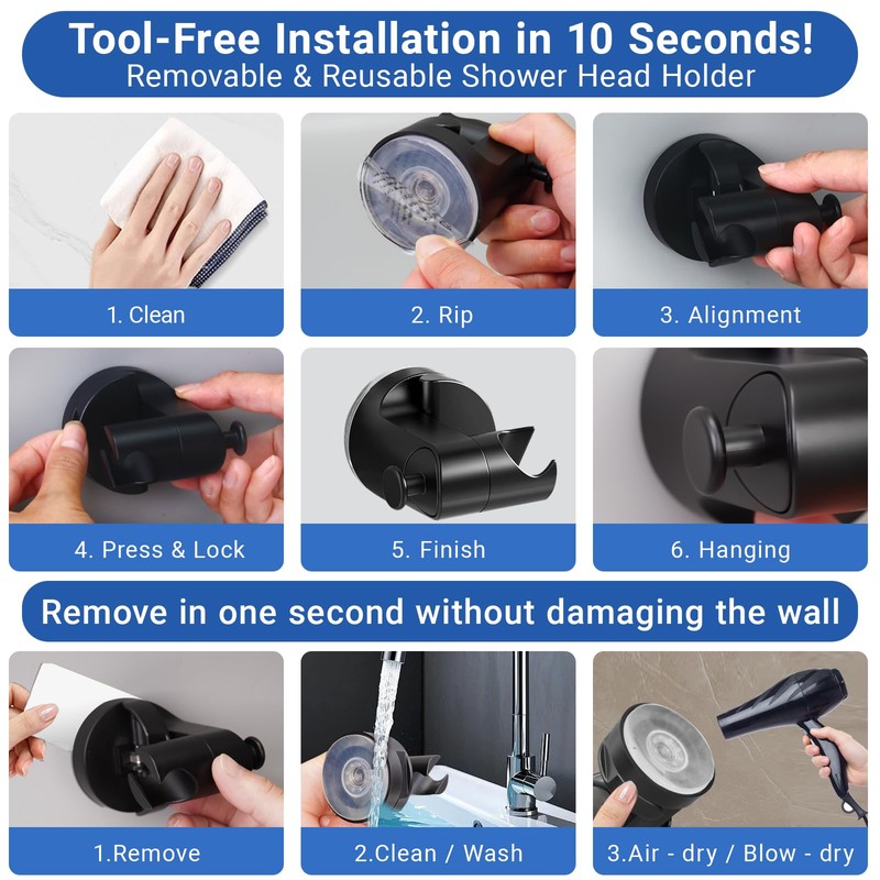 Suction Cup Shower Head Holder Wall Mount, Removable Handheld Shower