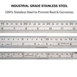 3 Pack Stainless Steel Ruler Set with Inch and Metric Graduation: 12", 8" and 6" (Silver)