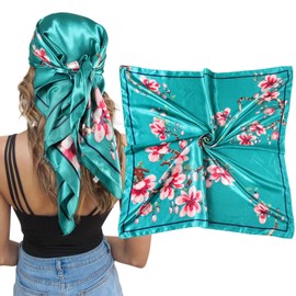 AWAYTR 35” Large Square Satin Head Scarf - Silk Hair Scarf Square Hair Bandanas Large Scarf Sleeping Head Wraps Neck Scarf for Women Hair Wrap (Peach Blossom(Ha Cyan))