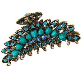 Women Lady Retro Flowers Hair Claw Clip Vintage Alloy Rhinestone Non-Slip Hair Jaw Clips Hairpin Large Hair Updo Grip Bath Accessories for Thick Hair Fancy Hair Clamp (Blue)