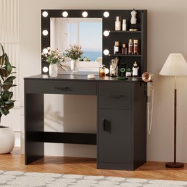 YESHOMY Vanity Desk with Mirror, 10 Lights, Power Outlet and 3 Storage Shelves, Makeup Table with 2 Drawers & 1 Cabinet, 3 Color Modes, for Bedroom, Black