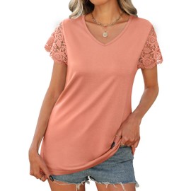 Desol Summer Spring Tops for Women Lace Short Sleeve Shirts Loose Fit Plus Size Soft Tunic Coral XXL