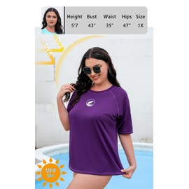 Halcurt Women's Plus Size Rash Guard Swimwear UPF 50+ Swim Shirt Built in Bra, Purple/Built in Bra, 3X