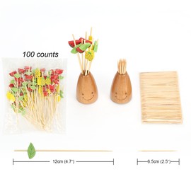 Minisland Mix-colored Fruits Watermelon Pineapple Leaf Cocktail Toothpicks 4.7 Inch Long Bamboo Skewers for Appetizers Drinks Hawaiian Party Food Picks 100 Counts- MSL115