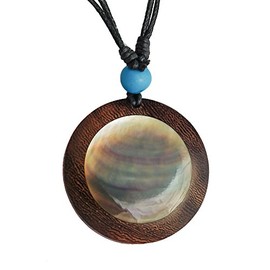 Chic-Net® Wooden Necklace Mother of Pearl Adjustable Cotton Black Shell Chain Wood Round Mother of Pearl Necklace Unisex for Men Women Handmade, Wood, Pearl