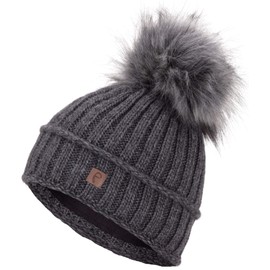 Faera Winter Hat Women's Hat Lined with Faux Fur Bobble Hat Girls Fleece Lining Winter Knitted Hat Beanie Men 34, gray