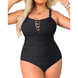 Yonique Women Black Plus Size One Piece Swimsuits Tummy Control Bathing Suits Vintage Swimwear 24plus