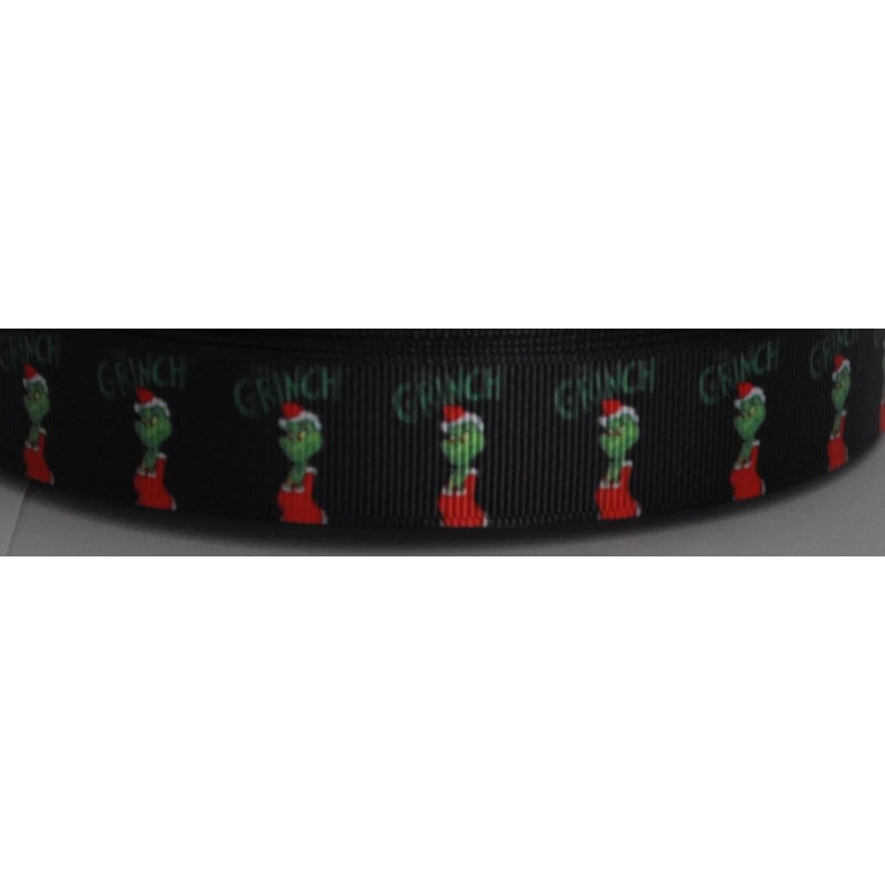 7/8 INCH THE GRINCH CHRISTMAS BLACK GROSGRAIN RIBBON - 1