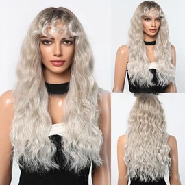 Glamorous Long Wavy Wig with Bangs Dark Root to Platinum Blonde Ombre
