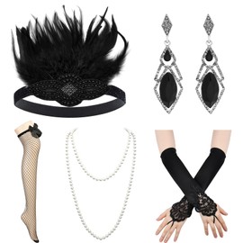 iHUFeather Women 1920s Flapper Set with Feather Headband Necklace Earrings Gloves for Great Gatsby Vintage Wedding Costume Accessories