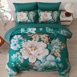 Dintszyayue Teal King Comforter Set 7 Pieces Bed in a Bag Teal Blue Floral Bedding Sets Elegant Flower Bed Set Soft Lightweight Comforter for All Season with Sheet