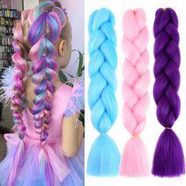 3 Pack Colored Braiding Hair 24 Inch Colorful Braiding Hair for Braids Synthetic Colored Hair Extensions for Braiding purple/sky blue/pink M4