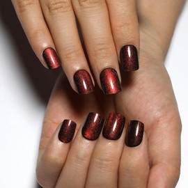 Stbisen Wine Red Press On Nails Short – Square Cat Eye Fake Nails with Color-Shifting Glow, Reusable Stick On Nails, 15 Sizes, 30 Nail Kit with Glue, Thick Glue On Nails for Women, M5-Crimson Spell