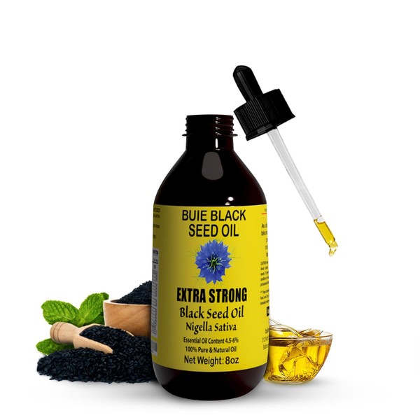 BUIE Black Seed Oil | Black Cumin Seed Oil (Nigella Sativa Oil) | Un-Refined, Cold Pressed Extra Virgin Oil | with 4.5 to 6% Thymoquinone & Omega 3 6 9 | 8 FL Oz