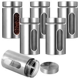 Calolin 6 PCS Stainless Steel Glass Canisters, 32 oz Large Coffee Jar with Clear Window, Kitchen Canister with Airtight Lid, Food Storage Container Kitchen Organizer for Grain Tea Cookie Candy