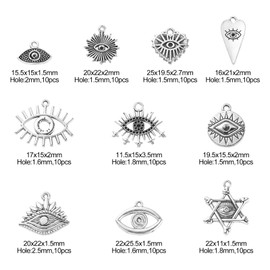 DanLingJewelry 100Pcs 10 Styles Evil Eye Charms Antique Silver with Sun Heart for DIY Jewelry Making, TIBEP-CJ0002-05-CHH