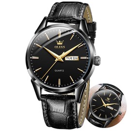OLEVS Men Watch Leather Analog Quartz Male Dress Week Date Business Classic Luminous Black Face Black Leather Strap 3ATM Waterproof Wrist Watch Lovers