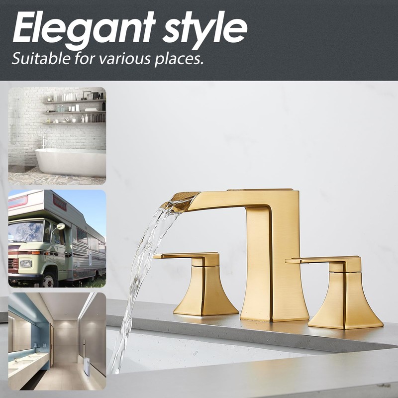 Brushed Gold Waterfall Bathroom Faucet, Sanliv 2-Handle Widespread Bathroom Faucet