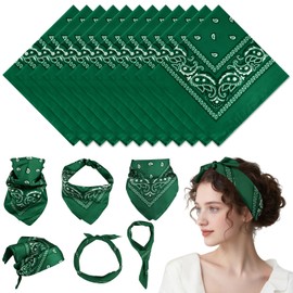 PLULON 12 Pack Green Bandanas for Men Women, Paisley Pattern Bandana Bulk Headbands Men Handkerchief Cowboy Face Mask Square Scarf Headwear 100% Polyester