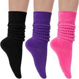 Witwot 3 Pair Women Slouch Socks Cotton Knee High Tube Scrunch Sock Black-Dark Puple-Rose