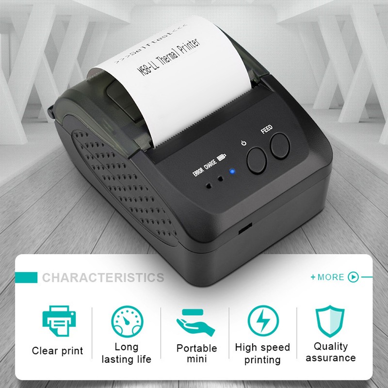Portable Receipt Printer 58mm Bluetooth 4.0 Fast Printing Low Noise