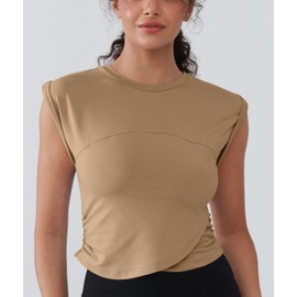 YIPINK Women's Fitted Workout Tank Top​​ Lightweight Yoga Shirt with Waist Gathers - Running & Gym Crop Top Beige