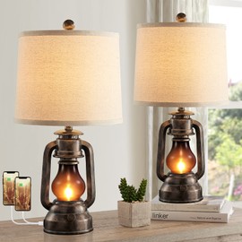 RORIANO Farmhouse Lantern Table Lamps for Living Room Set of 2, Vintage Bedroom Resin Lamp with Dual USB Charging Ports, Rustic Retro Bedside Nightstand Desk Lamp, 4 Bulb Included