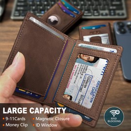 miyozi Airtag Wallet for Men- With Money Clip Gift Boxed, Magnetic Closure Slim Genuine Leather Front Pocket Wallet, 3.9"x 2.7", RFID Blocking