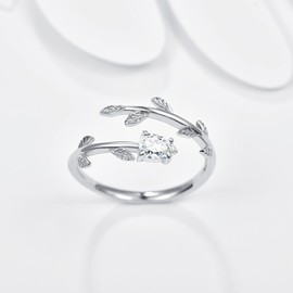 PRAYMOS Adjustable Wedding Rings for Women 925 Sterling Silver Diamond Solitaire Ring Leaf Band Rings…