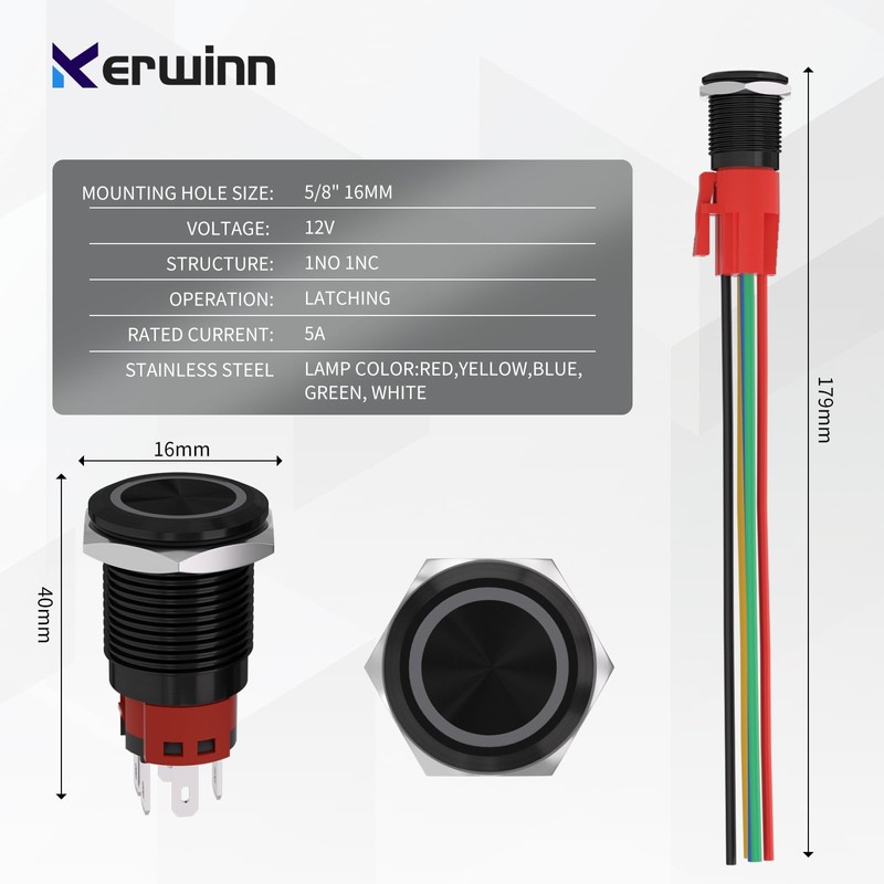 KERWINN 16MM Latching Push Button Switch with Light Reset Self-Locking