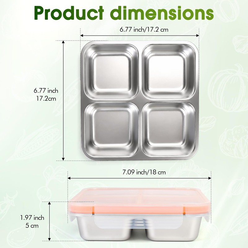 Stainless Steel Snack Containers, 4 Compartment Bento Snack Box with