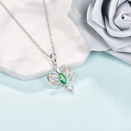 TANGPOET Lotus Necklace Green Zircon Chakra Necklace Healing Lotus Flower Pendant 925 Sterling Silver Necklace Jewellery Spiritual Gifts for Women Girls, Sterling Silver, Zircon
