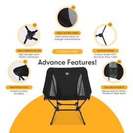 D-LO Ultralight Camping Chair - Black - Upgraded Dual Pocket - High Strength 600D Oxford Fabric - 7075 Aluminum Alloy - Great for Camping, Hiking, Lounging