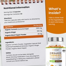Turmeric and Black Pepper Capsules | 1440mg Dose | 120 Tablets | 2 Month Supply | 2 A Day | Herbal Supplements | High Strength Curcumin | VitaBright Organic Tumeric Supplement