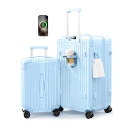 Krute Luggage with Spinner Double Wheels Suitcases with USB Port and Cup Holder TSA Lock PC+ABS Hardside Checked Luggage 28 Inch (LightBlue)