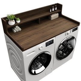 FZGhome Washer Dryer Countertop, 54" x 27.55" 2-Tier Washer Dryer Topper with Edge, for Laundry Room Organization Walnut Brown