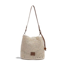 Beige Crochet Handwoven Cotton Knitted Shoulder Bag, Bohemian Hollow Beach Hobo Casual Designer Satchels Purse for Women (Beige Shoulder Bag)