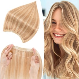 S-noilite Invisible Hair Extensions Human Hair Golden Brown/Bleach Blonde Wire Extensions Real Hair One Piece Fish Line 22 Inch 75g