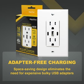 6.0A USB Outlet, 3-Port 30W Wall Outlets with 2 Type C & 1 Type A, 15 Amp Receptacle Plug, Tamper Resistant Receptacle, Standard Wall Plate Included, ETL Listed, White, 1 Pack