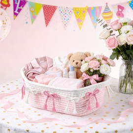 Simihiran 2PC Pink Bow Baskets for Gift Cute Coquette Woven Rope Storage Basket with Handle Laundry Hamper Storage Bins for Home Decor Organization Nursery Baby Shower, 11.8''x7.8''x4.7''