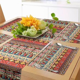 Ambesonne Colorful Table Runner & Placemats, Aztec Pattern with Birds Flowers and Arrows Ethnicity Native Cultures, Set for Dining Table Decor, Placemat 4 pcs + Runner 16"x72", Coral Blue Brown